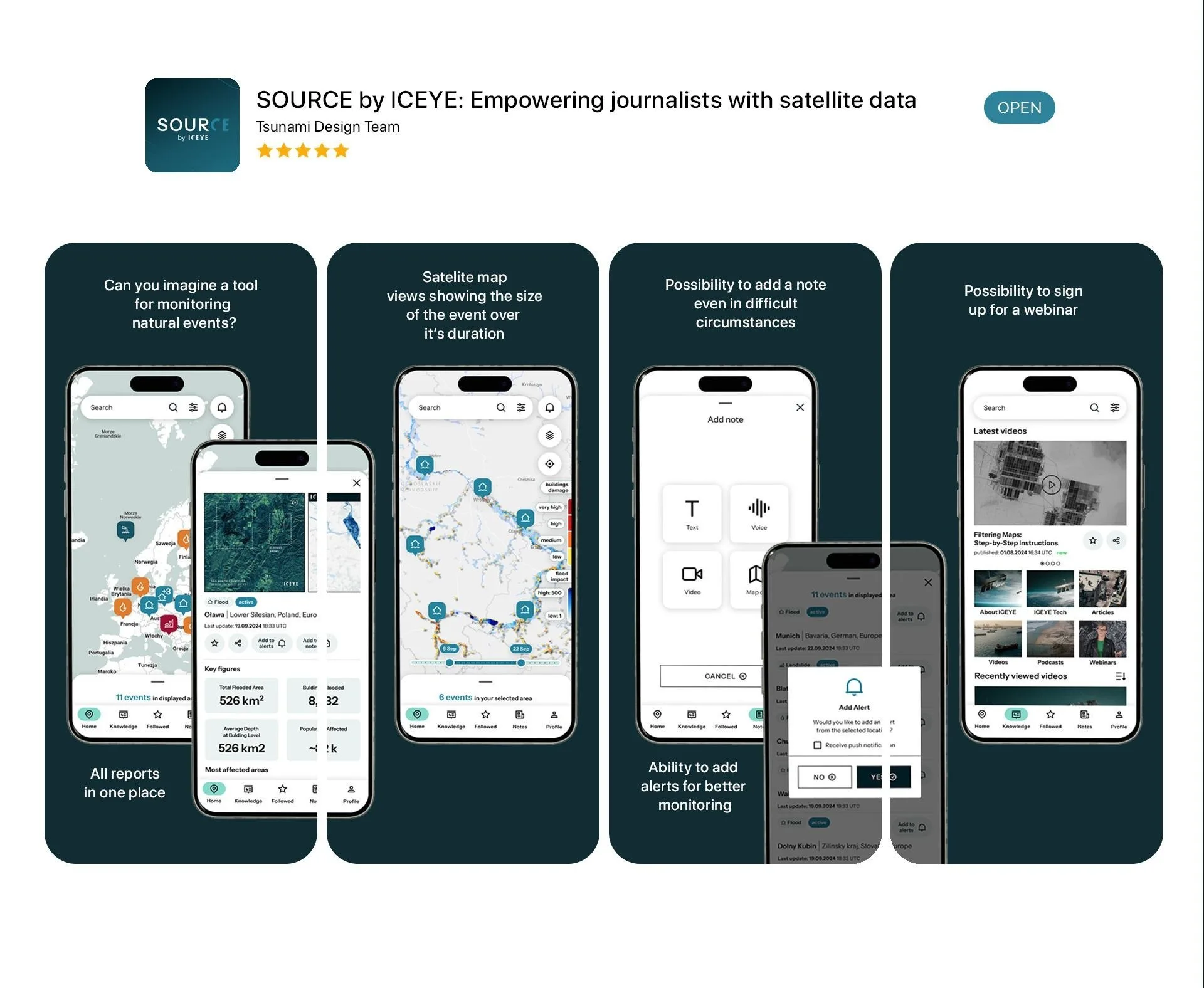 Ekrany aplikacji SOURCE by ICEYE przygotowane do sklepu Google Play, opisujące główne funkcje