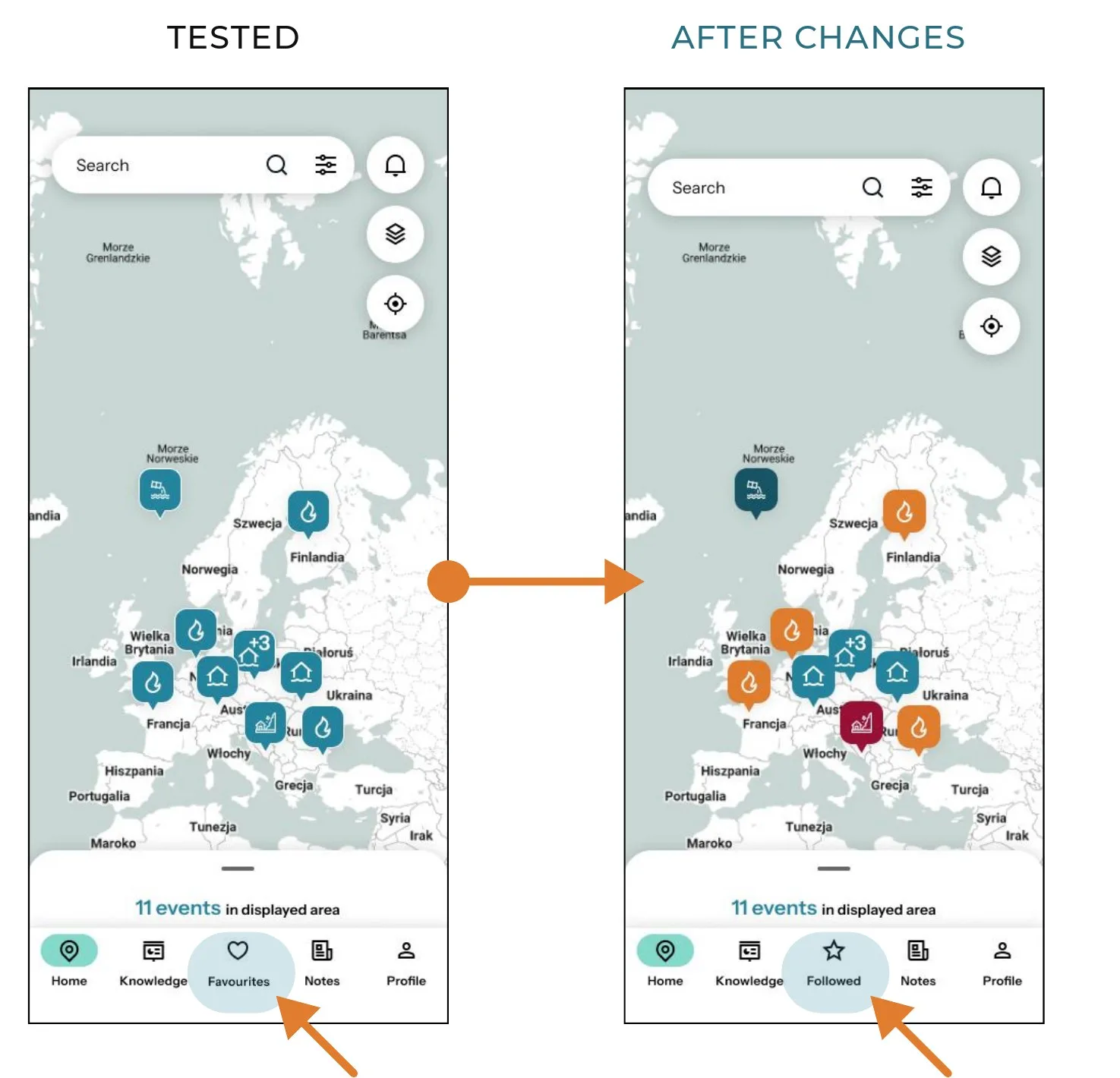 Map view – tested version and version after changes