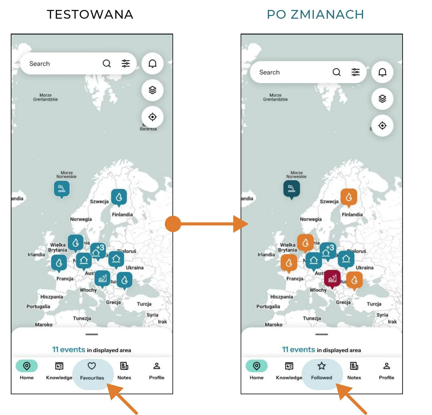 Widok mapy – wersja testowana i wersja po zmianach