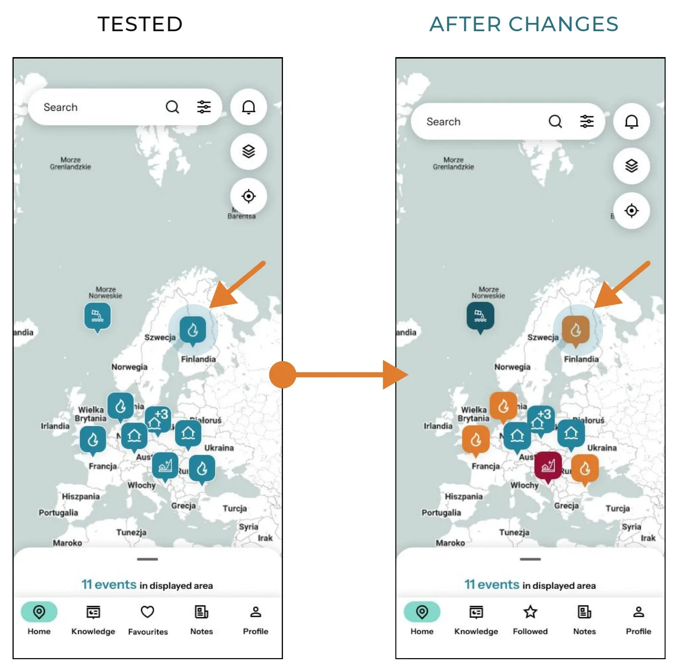 Map view with event icons – tested version and version after changes