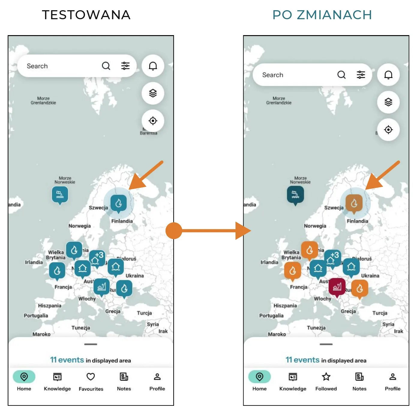 Widok mapy z ikonami zdarzeń – wersja testowana i wersja po zmianach