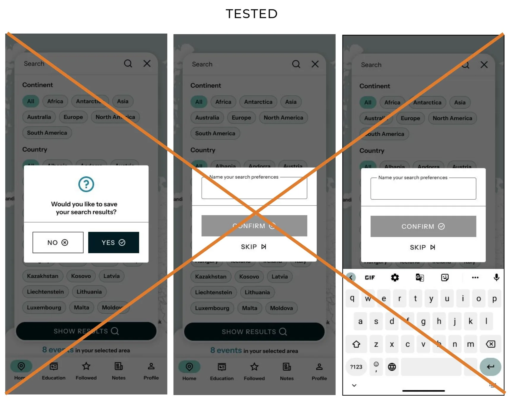 Three screens of the old flow for saving search results; two of them were removed (crossed out)