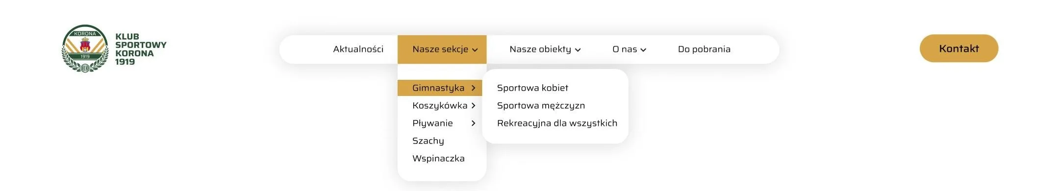 Nowe menu strony z rozwiniętą listą sekcji